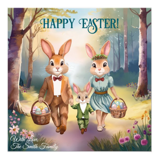 Easter Bunny Family Hunting for Eggs - Painting Photo Print (Front)