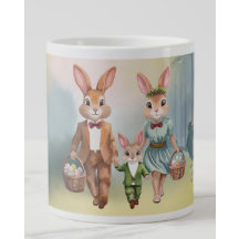 Easter Bunny Family Hunting for Eggs - Watercolor