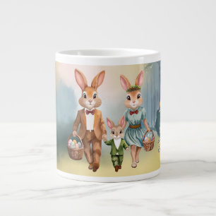 Easter Bunny Family Hunting for Eggs - Watercolor Giant Coffee Mug