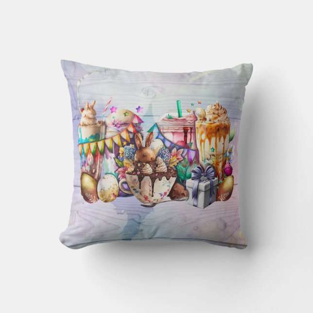 Easter Bunny Fancy Coffee Drinks Throw Pillow (Front)