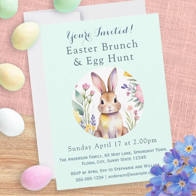 Easter Bunny Floral Egg Hunt & Brunch Invitation (A personalized invitation to an Easter brunch and egg hunt, with Easter bunny picture)