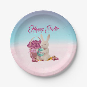 Easter Bunny & Flower Basket Blue & Pink Paper Plates