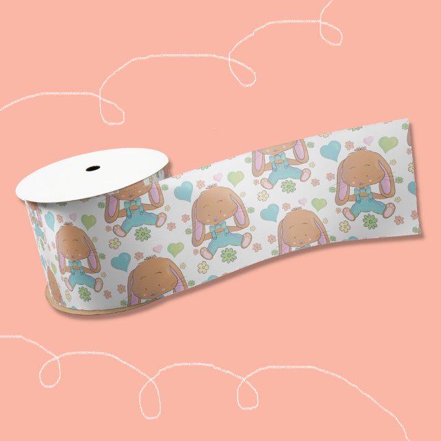 Easter Bunny Flowers and Hearts White Ribbon (Sweet watercolor bunny pattern white ribbon for Easter or baby shower baskets embellishments .)