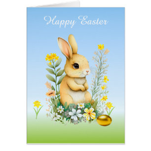 Easter Bunny, Flowers & Golden Egg on Light Blue