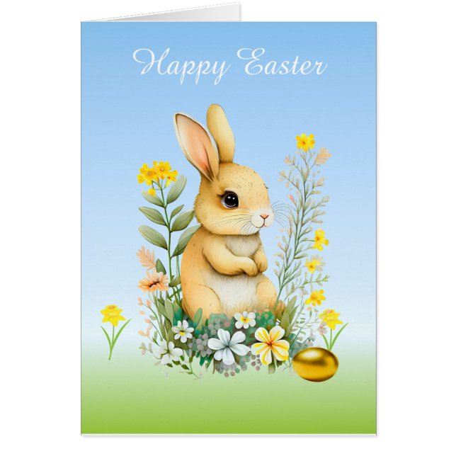 Easter Bunny, Flowers & Golden Egg on Light Blue Cards (Front)