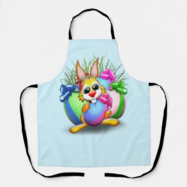 Easter Bunny Funny and Cute Character Biting an Eg Apron (Front)