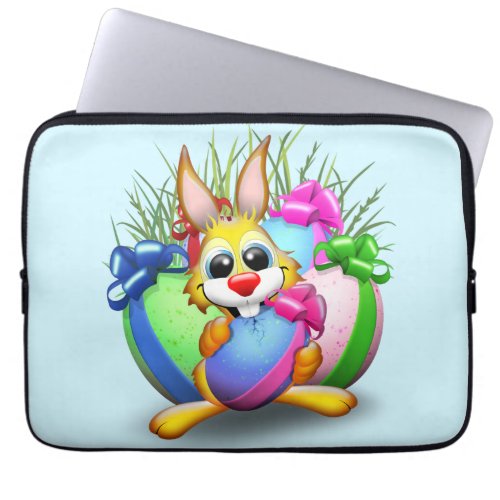 Easter Bunny Funny and Cute Character Biting an Eg Laptop Sleeve
