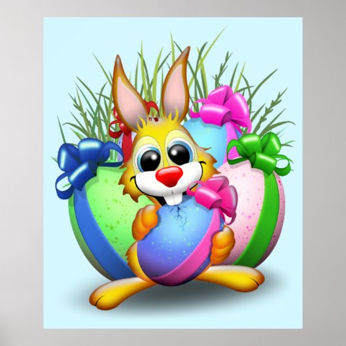 Easter Bunny Funny and Cute Character Biting an Eg Poster