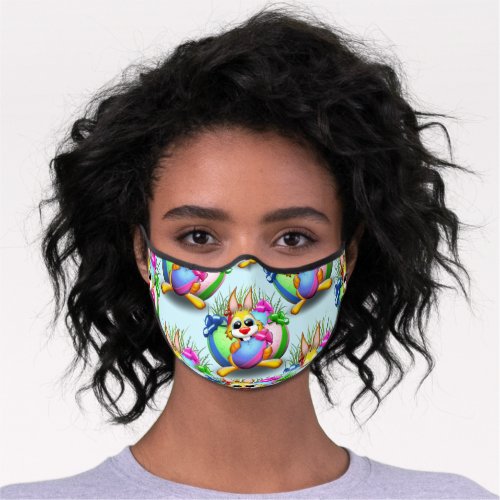 Easter Bunny Funny and Cute Character Biting an Eg Premium Face Mask