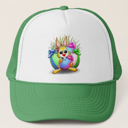 Easter Bunny Funny and Cute Character Biting an Eg Trucker Hat