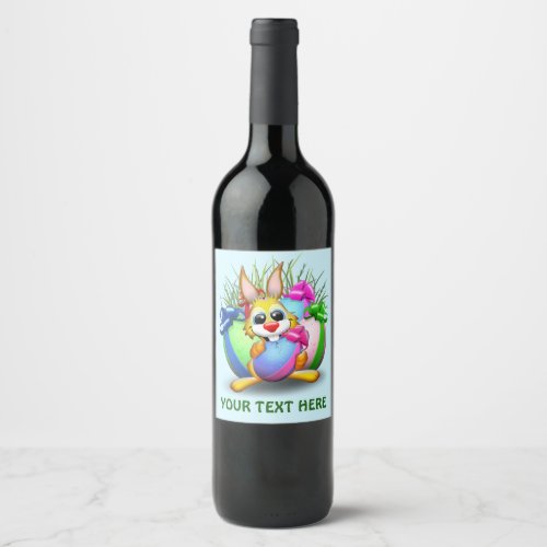 Easter Bunny Funny and Cute Character Biting an Eg Wine Label