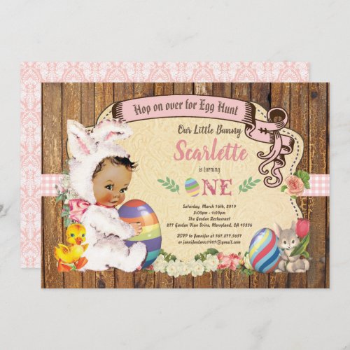 Easter bunny girl 1st birthday egg hunt vintage invitation