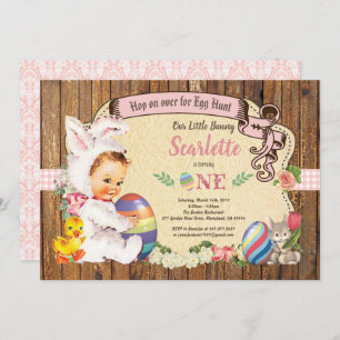 Easter bunny girl 1st birthday egg hunt vintage invitation