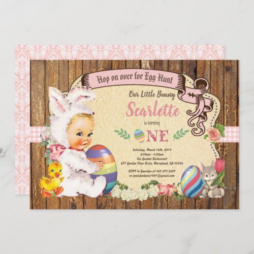 Easter bunny girl 1st birthday invitation vintage