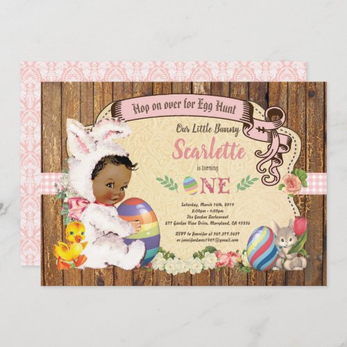 Easter bunny girl 1st birthday invitation vintage