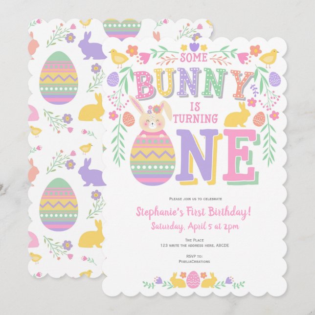 Easter, Bunny, Girl 1st, Spring Birthday Invitation (Front/Back)