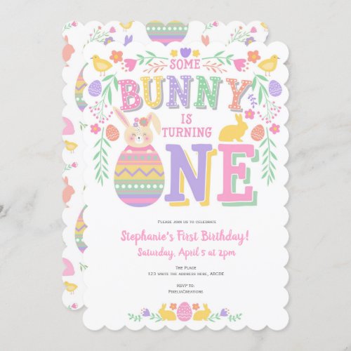Easter Bunny Girl 1st Spring Birthday Invitation