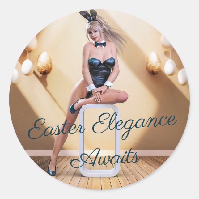 Easter Bunny Girl Sitting on Round Edge Cube Classic Round Sticker (Front)