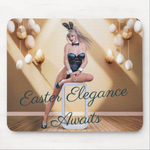 Easter Bunny Girl Sitting on Round Edge Cube Mouse Pad