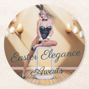 Easter Bunny Girl Sitting on Round Edge Cube Paper Coaster