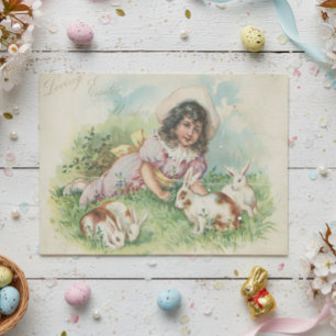 Easter Bunny Girl Vintage Postcard Card Tissue Paper