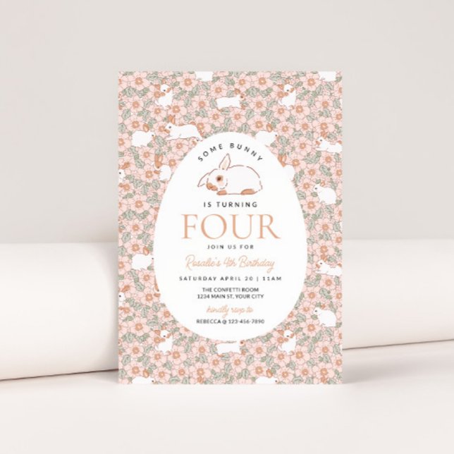 Easter Bunny Girls 4th Birthday Invitation (Easter Bunny Girls 4th Birthday Party Invite)