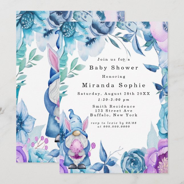 Easter Bunny Gnome Purple Blue Peony Baby Shower Invitation (Front/Back)