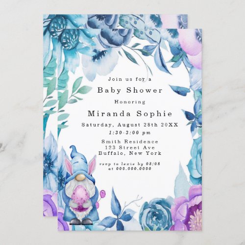 Easter Bunny Gnome Purple Blue Peony Baby Shower Invitation