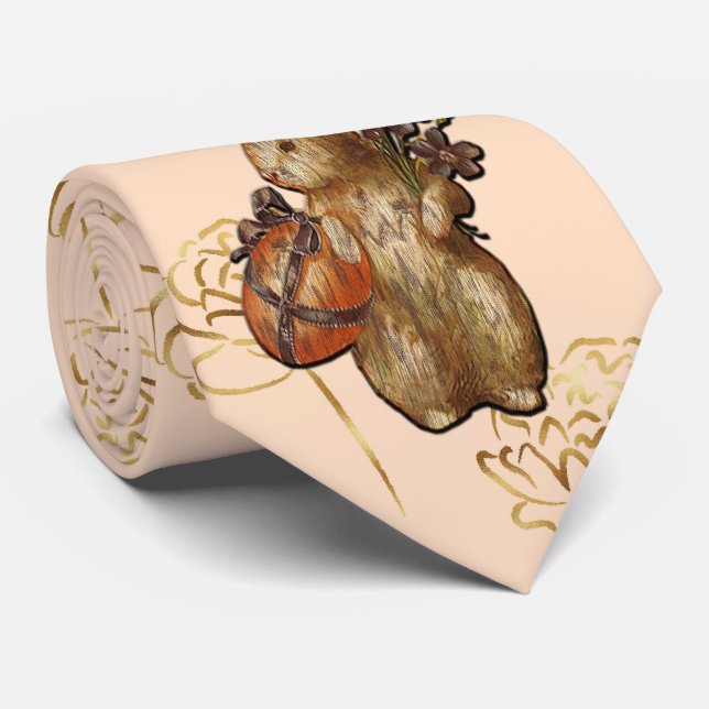 Easter Bunny Gold Flowers on Peach Background Tie (Rolled)