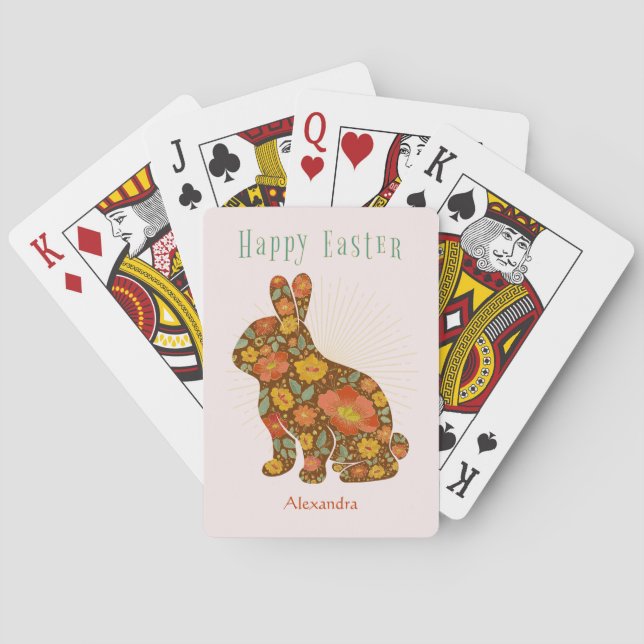 Easter Bunny Gold Glitter Personalized Floral Poker Cards (Back)