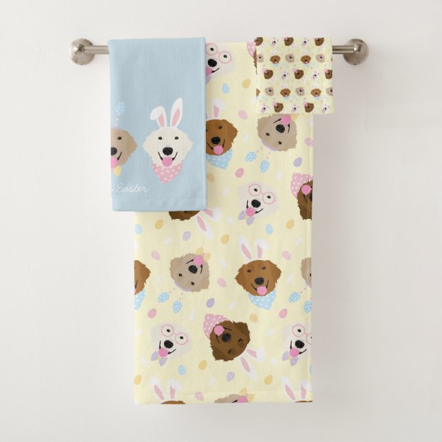 Easter Bunny Golden Retriever Pattern Bath Towel Set (Insitu)