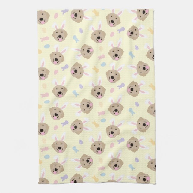 Easter Bunny Golden Retriever Pattern Kitchen Towel (Vertical)
