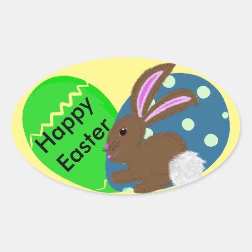 Easter Bunny Green Blue Easter Eggs Oval Sticker