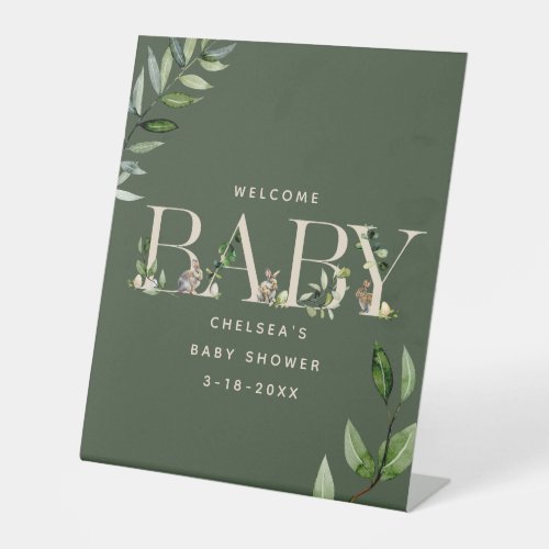 Easter Bunny Green Eucalyptus Neutral Baby Shower Pedestal Sign