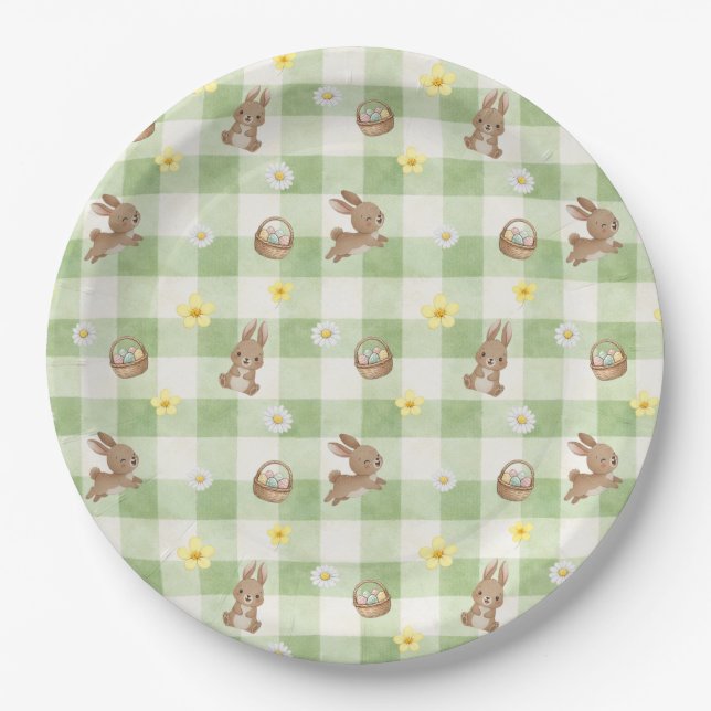 Easter Bunny Green Gingham Paper Plates (Front)