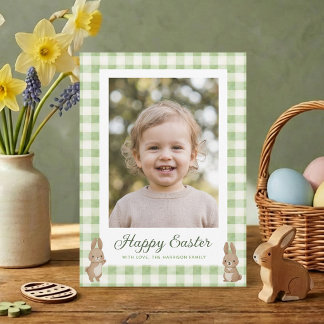 Easter Bunny Green Gingham Photo Holiday Card