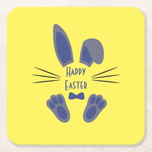 Easter Bunny Happy Easter Blue and Yellow Square Paper Coaster