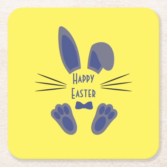Easter Bunny Happy Easter Blue and Yellow Square Paper Coaster