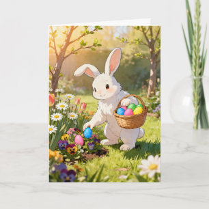 Easter Bunny Hiding Eggs in a Garden Holiday Card