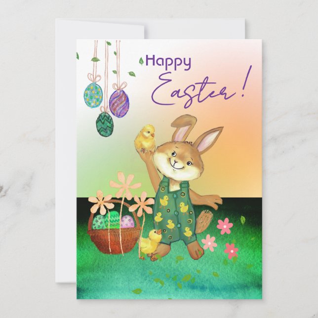 Easter bunny holding chicken holiday card (Front)
