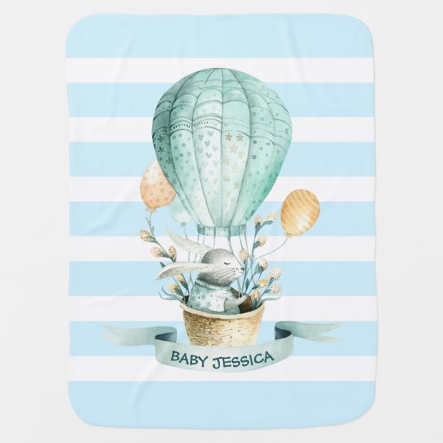 Easter bunny hot-air balloon & spring flowers baby blanket (Front)