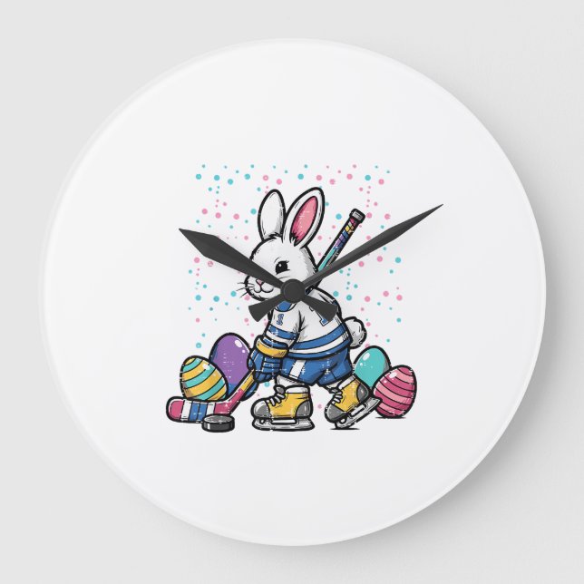 Easter Bunny Ice Hockey Player Eggs Rabbit Boys Ki Large Clock (Front)