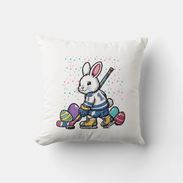 Easter Bunny Ice Hockey Player Eggs Rabbit Boys Ki Throw Pillow (Front)