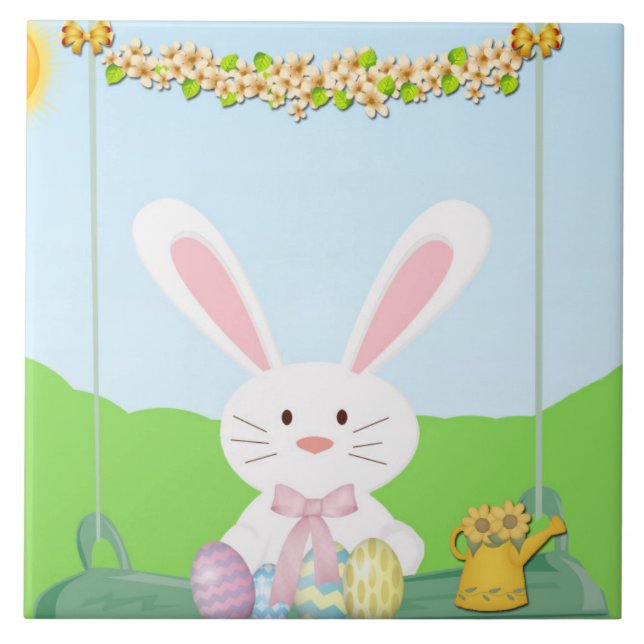 Easter bunny illustration ceramic tile (Front)