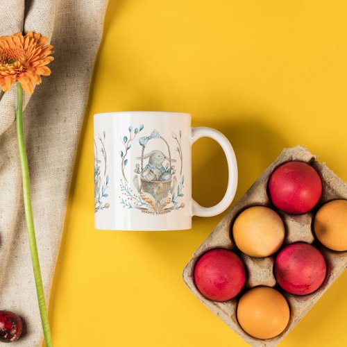 Easter bunny in a basket and spring flowers Two_Tone coffee mug