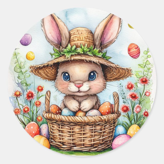 Easter Bunny in a Basket of Painted Eggs Happy Eas Classic Round Sticker (Front)