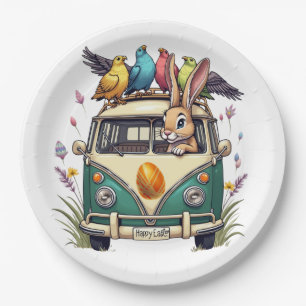 Easter Bunny in a Bus with Bird Friends- Spring Ce Paper Plates