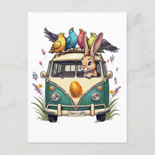 Easter Bunny in a Bus with Bird Friends- Spring Ce Postcard