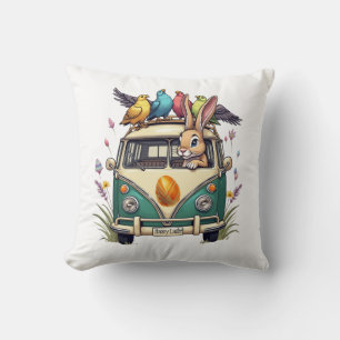 Easter Bunny in a Bus with Bird Friends- Spring Ce Throw Pillow