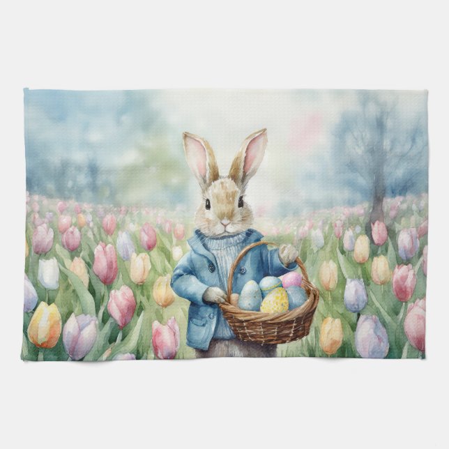 Easter Bunny in a meadow of Tulips Kitchen Towel (Horizontal)